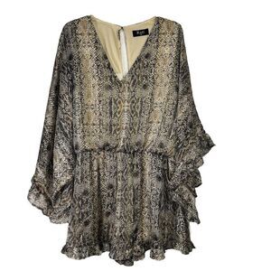 Meritt Womens Batwing‎ Ruffle Sleeve Snake Print Sweetheart Brown Romper Size 3X